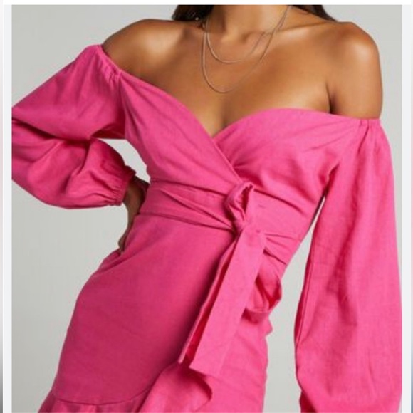 Revolve Off Shoulder HotPink Ruffle Wrap Linen Mini Dress S/M - Picture 4 of 5